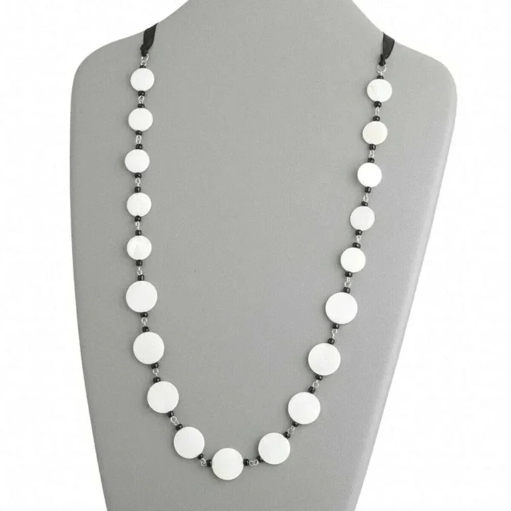 White Black Freshwater Pearl Shell Ribbon Necklace